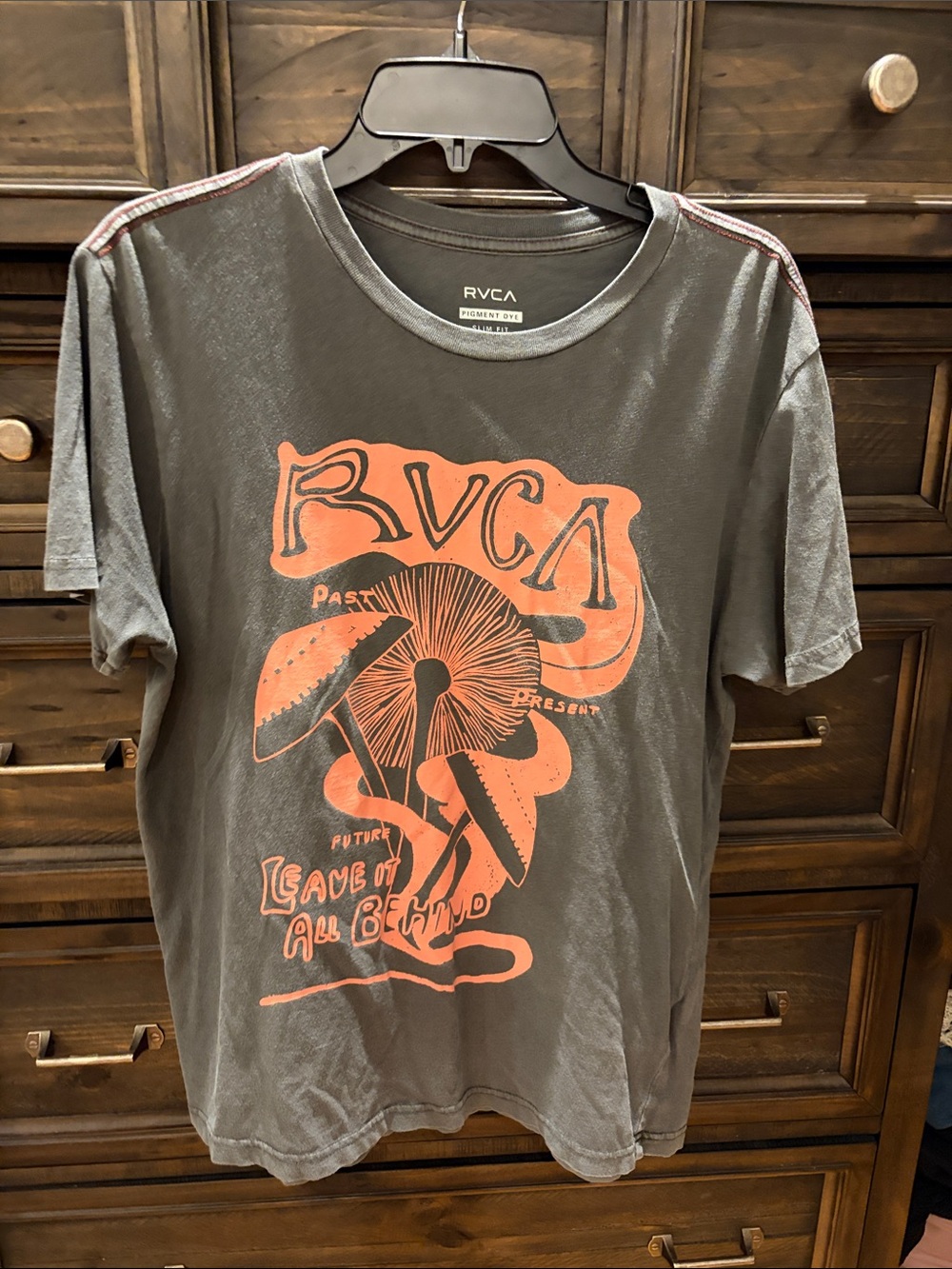 RVCA Men's Charcoal Graphic Tee with Orange Mushroom Design